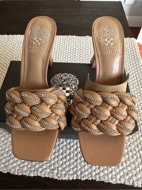 Vince Camuto Braided Tan Slide Sandals with Crystal Accents